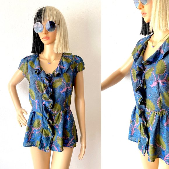 Floral Short Sleeve Summer Blouse | Ruffled Blouse | Frilly Top | ANTHROPOLOGIE - Picture 2 of 11